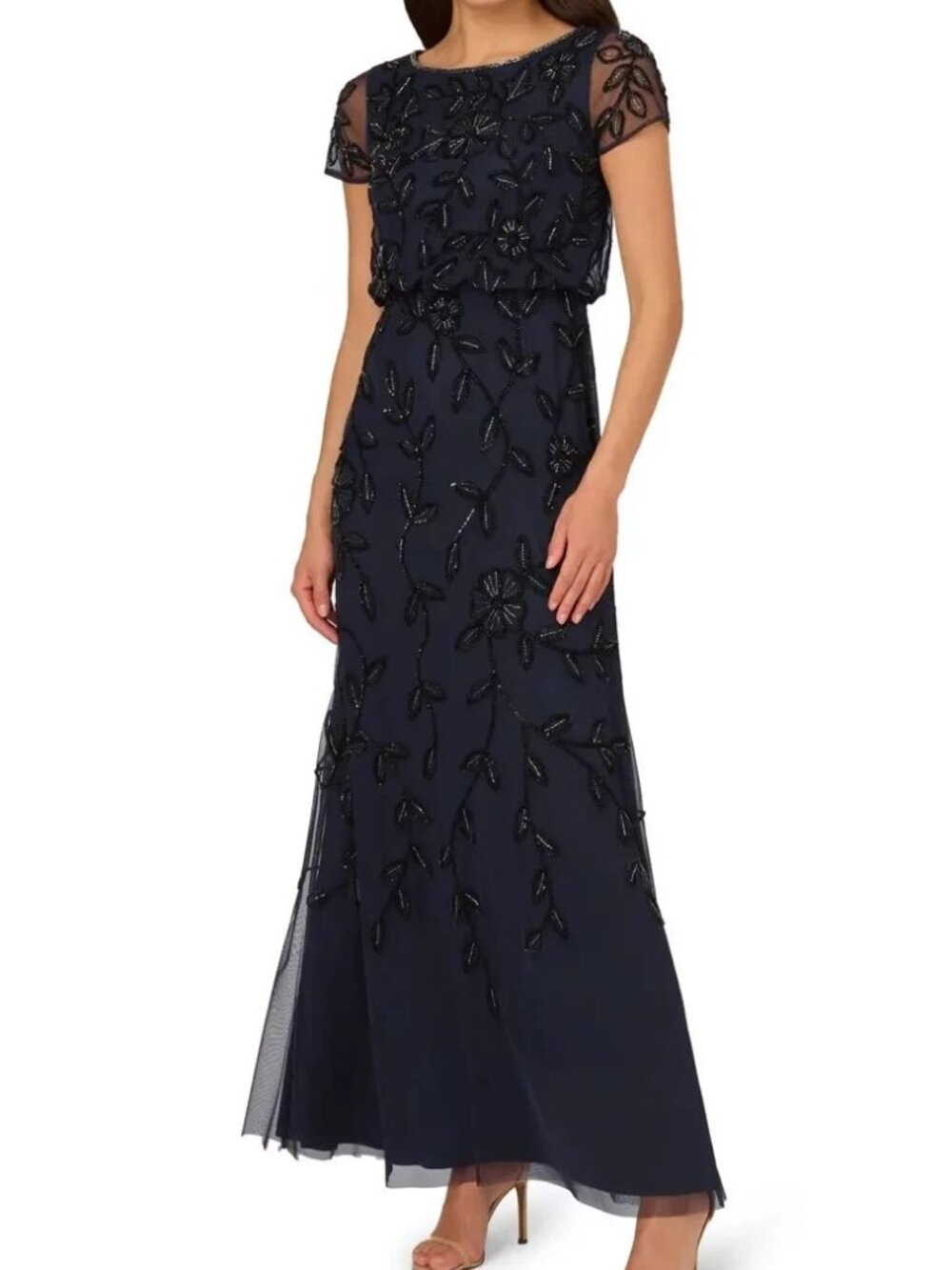 Adrianna Papell Navy Blue Black Beaded Blouson Bodice Mesh Gown